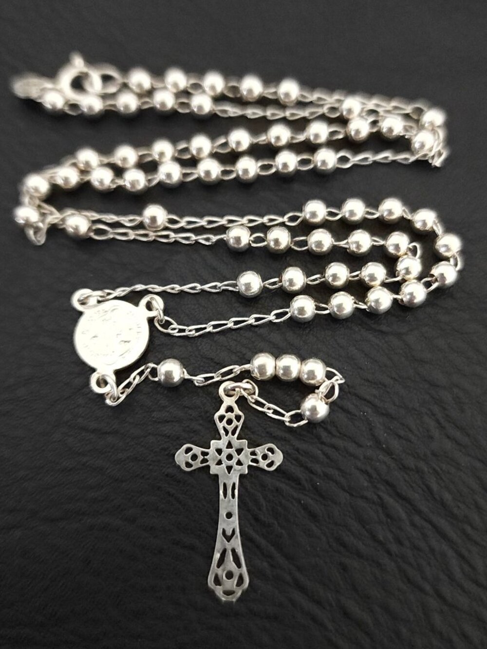 Sterling Silver 925 Catholic Rosary Beads Necklace St Benedict Medal Mexico